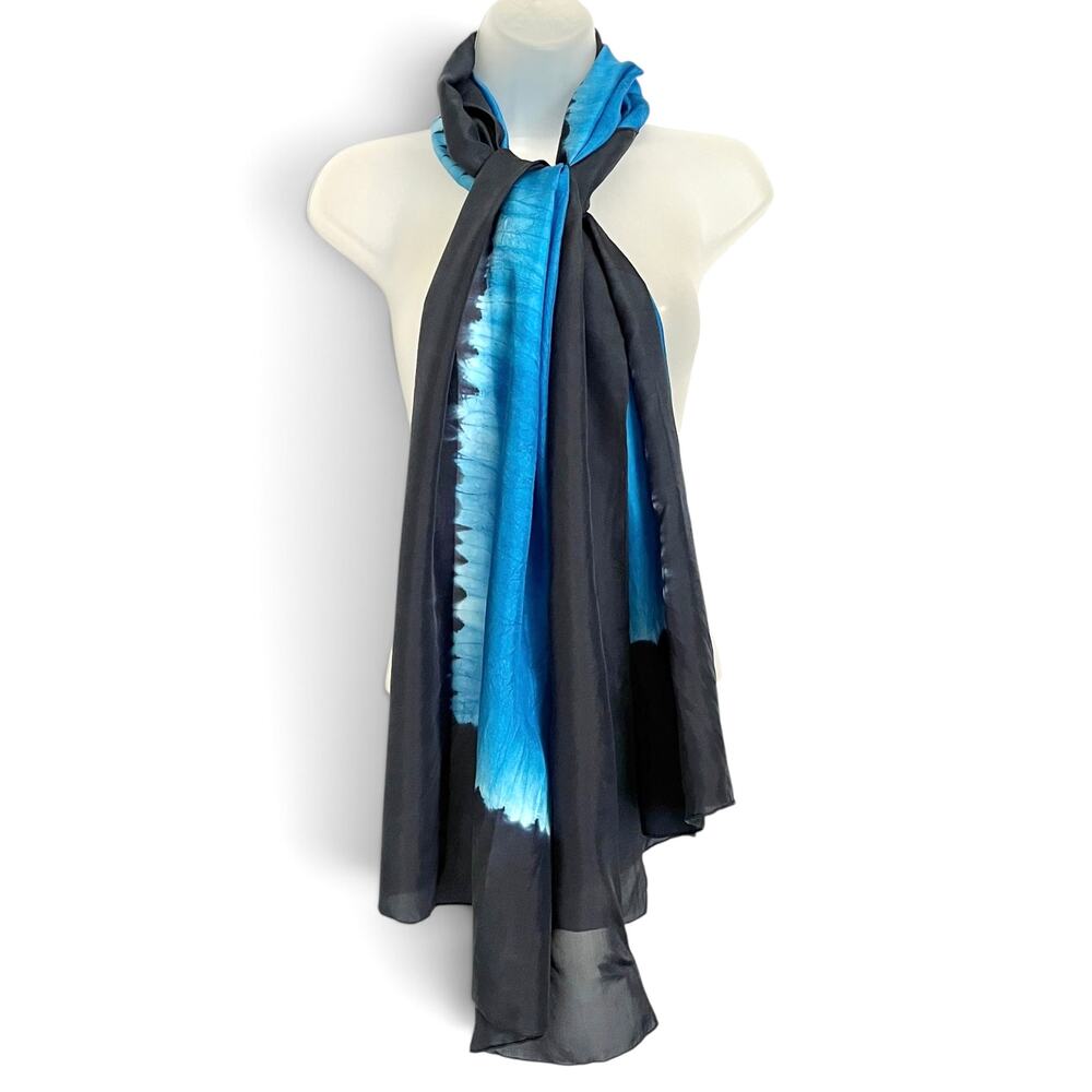 Eileen Fisher Shibori Navy Blue Turquoise Hand-Rolled Silk Scarf OOAK
